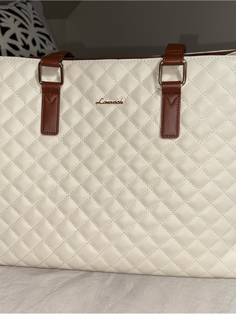 Quilted Tote Bag in Cream and Brown
